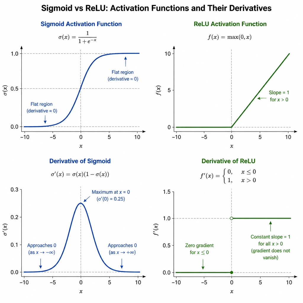 A graph comparing the Sigmoid and ReLU activation functions alongside their derivatives. The Sigmoid curve shows flat regions where the derivative approaches zero, while the ReLU line shows a constant slope of 1 for all values of x greater than 0, illustrating the constant gradient flow.