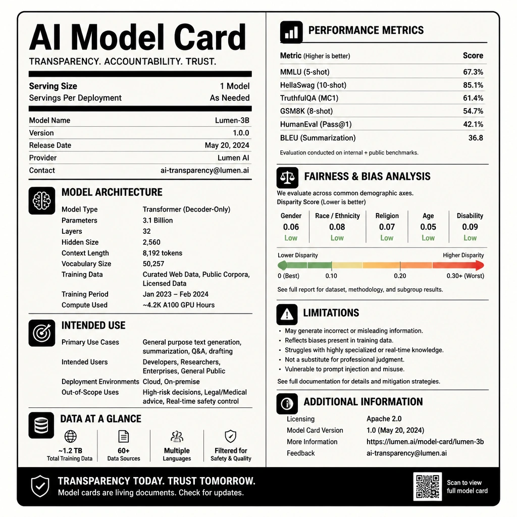 An illustration of an AI Model Card styled as a 'Nutrition Facts' label or structured product datasheet, showing categories such as 'Model Architecture', 'Intended Use', 'Performance Metrics', 'Fairness & Bias Analysis', and 'Limitations', emphasizing transparency in AI.