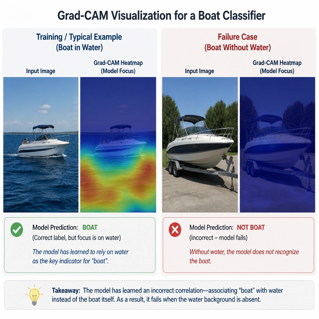 An illustration of a Grad-CAM visualization for a boat classifier. On the left, a boat in the ocean with the model's focus highlighted entirely on the surrounding water (incorrect correlation). On the right, a boat on a trailer where the model fails to recognize the boat because the water background is missing.