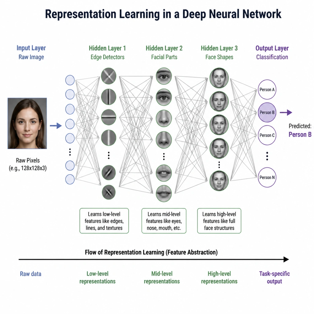 A diagram of a deep neural network showing the flow of representation learning. Raw image input (e.g., a face) goes to the input layer. Subsequent hidden layers show feature extraction starting from edges (layer 1), then facial features like eyes/nose (layer 2), and finally full face shapes (layer 3), leading to the final output classification.