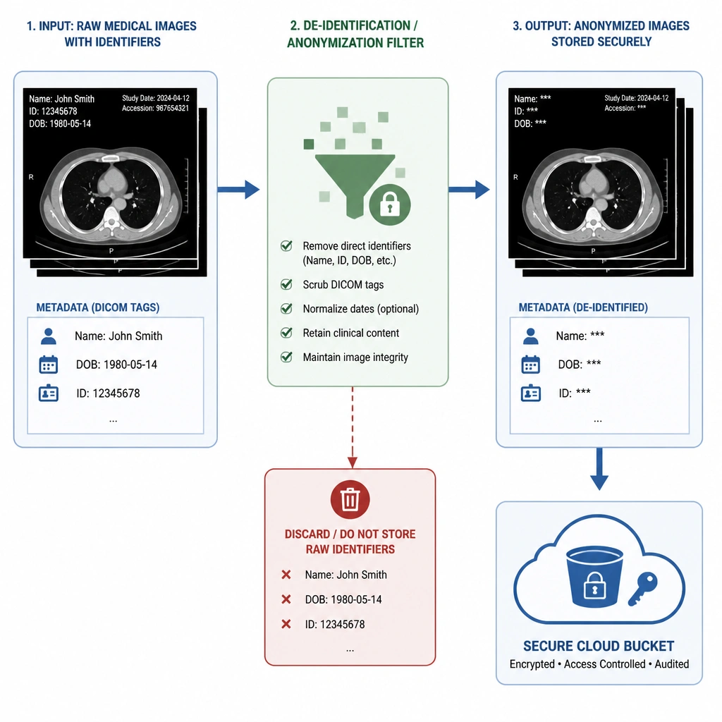 A pipeline diagram showing medical images (CT scans) containing patient metadata (Name, DOB, ID) passing through a De-identification/Anonymization filter. The output shows anonymized images with metadata redacted, stored in a secure cloud bucket with lock and key icons, while raw identifiers are discarded.
