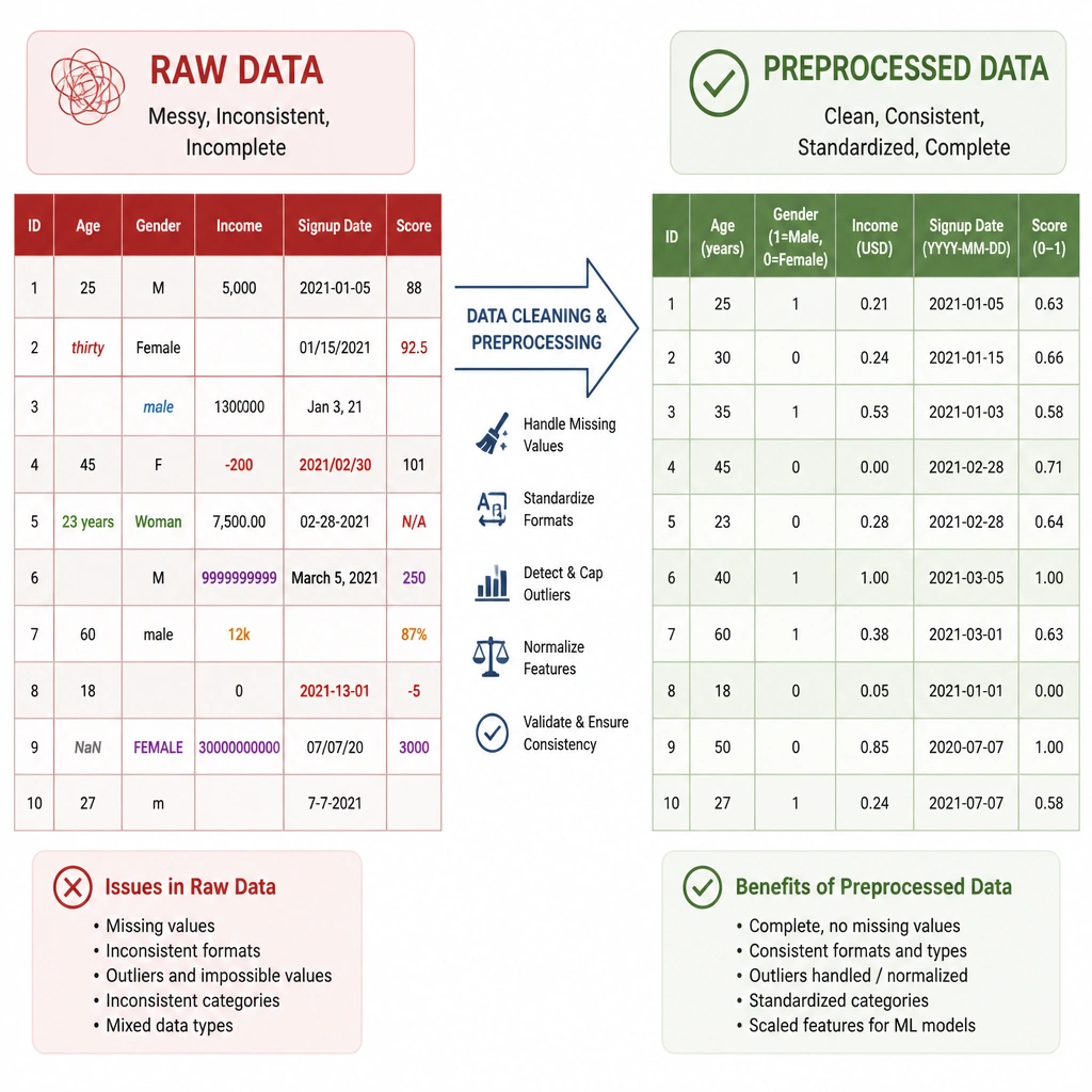 A comparison diagram showing raw data vs. preprocessed data. On the left, a messy table with empty cells, mismatched formats, and extreme numbers. An arrow representing the cleaning/preprocessing pipeline points to the right, showing a clean, standardized, fully populated table with normalized numbers.