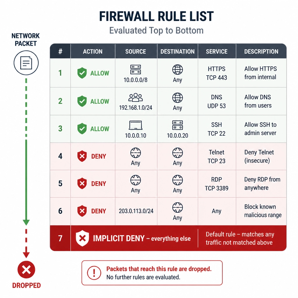 A vertical firewall rule-list diagram: several green ALLOW rules and red DENY rules stacked top to bottom, with a final bold red 'IMPLICIT DENY — everything else' row highlighted at the bottom. An arrow shows a packet flowing down the list and being dropped when it reaches the implicit deny.
