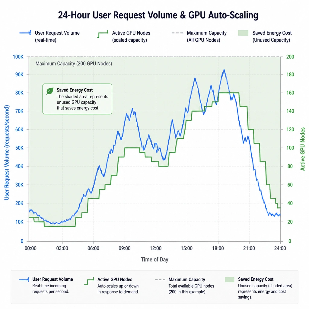 A timeline graph mapping a 24-hour cycle of real-time user request volume (fluctuating with high peaks and low valleys). Superimposed on this is a stepped line representing active GPU nodes scaling up and down in response to the request line, with the shaded area between the maximum capacity and the active capacity highlighted as "saved energy cost."