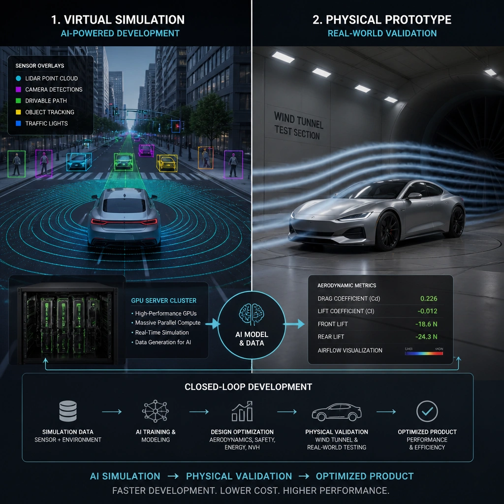 A split diagram illustrating: (1) a virtual simulation of a car driving through an urban environment with simulated sensor overlays (LIDAR, cameras) powered by a GPU server, and (2) a physical car prototype in a wind tunnel, showing the direct connection between AI simulation and physical product design optimization.
