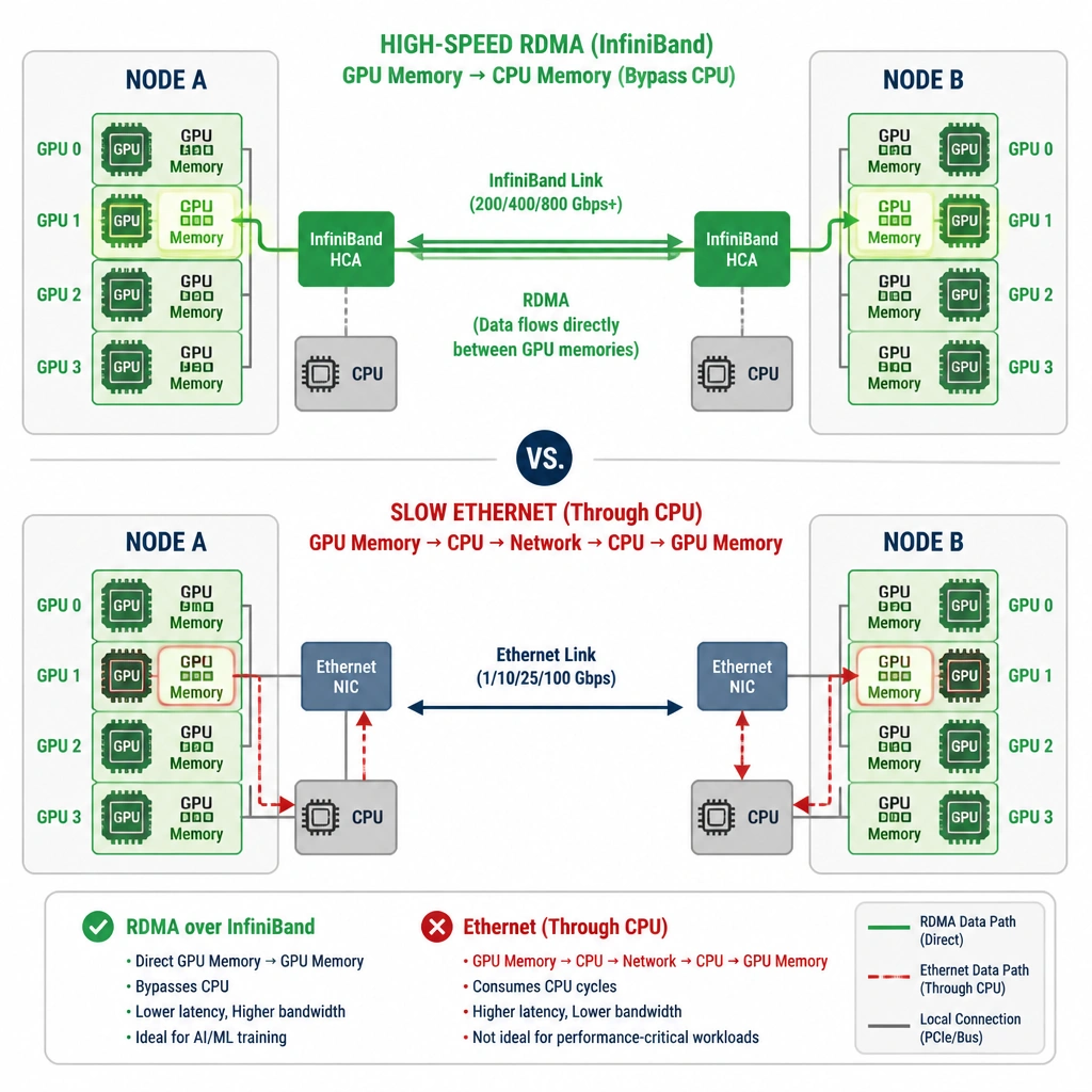 A diagram comparing two cluster nodes: Node A and Node B, each containing multiple GPUs. Show a direct, high-speed InfiniBand cable connecting the two nodes, with arrows representing data bypassing the CPU (RDMA) to go directly from GPU memory in Node A to GPU memory in Node B, contrasted against a slow Ethernet connection that must hop through CPUs.