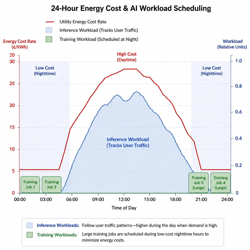 A dual-axis graph showing a 24-hour timeline. One line represents the utility energy cost rate (high during the day, low at night). The shaded areas show workload distribution: inference workloads track user traffic during the day, while large training blocks are scheduled to run exclusively during the low-cost night window.