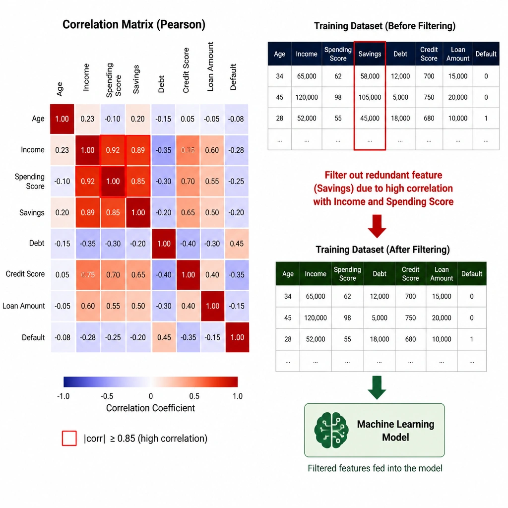 A correlation matrix heatmap showing a grid of variables. Highly correlated features are highlighted in bright red (correlation near 1.0), and an arrow shows one of these redundant features being filtered out of the training dataset before it is fed into the machine learning model.