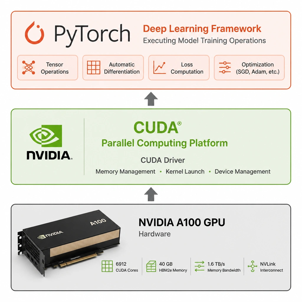 A hardware-to-software stack diagram: at the bottom layer is the NVIDIA A100 GPU hardware; the middle layer is the CUDA Parallel Computing Platform driver; the top layer is the PyTorch deep learning framework executing model training operations.
