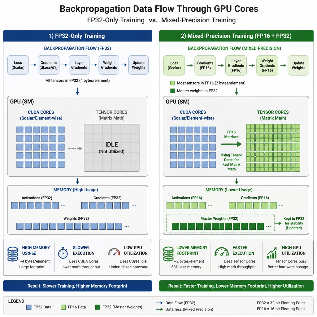 A comparison diagram showing the flow of data through GPU cores during backpropagation under two scenarios: FP32-only training (showing high memory usage, slower execution, and idle Tensor Cores) versus Mixed-Precision training (showing FP16 activations utilizing Tensor Cores for fast matrix math, alongside FP32 master weights, resulting in lower memory footprint and high GPU utilization).