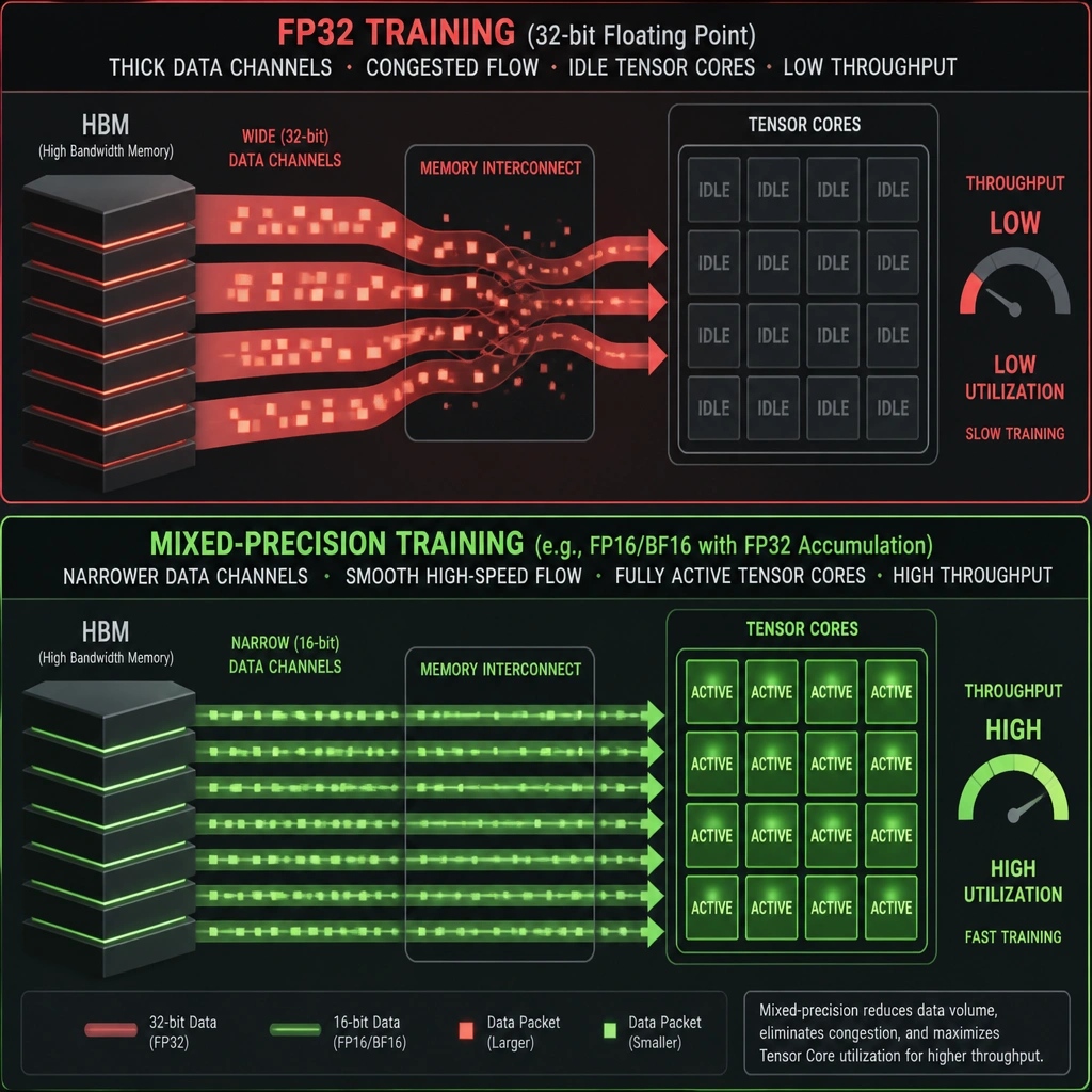A conceptual diagram showing GPU HBM (High Bandwidth Memory) feeding data to Tensor Cores. The top half illustrates FP32 training (thick data channels, congested flow, idle Tensor Cores, low throughput). The bottom half illustrates Mixed-Precision training (narrower data channels, smooth high-speed flow, fully active Tensor Cores, high throughput).