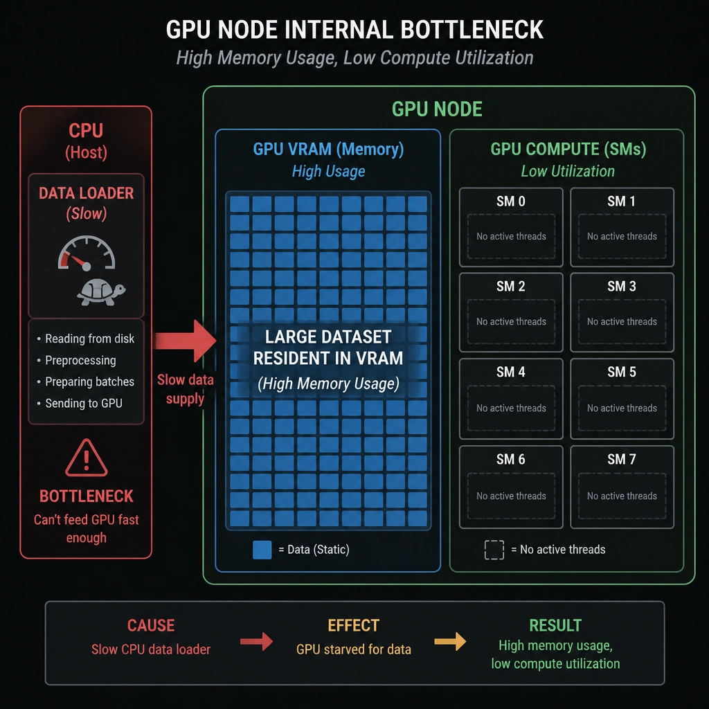 A diagram illustrating a GPU node's internal bottleneck. It shows a large block of data sitting statically in GPU VRAM (representing high memory usage), while the GPU compute cores (SMs) are shown with no active data threads running on them (representing low compute). An arrow points from a slow CPU data-loader block, highlighting it as the cause.