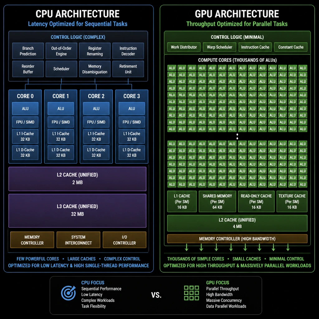 A side-by-side hardware architecture diagram showing a CPU layout versus a GPU layout. The CPU side has a few large cores, massive cache blocks, and complex control logic. The GPU side is covered in a dense grid of thousands of tiny ALU cores with minimal control logic and small cache blocks, illustrating parallel throughput versus sequential latency focus.
