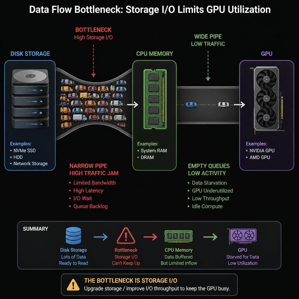 A bottleneck diagram showing the flow of data from disk storage to CPU memory, then to the GPU. The connection from disk to CPU memory is depicted as a narrow bottleneck with high traffic jams (representing high storage I/O), while the GPU is shown with empty queues and low activity due to data starvation.