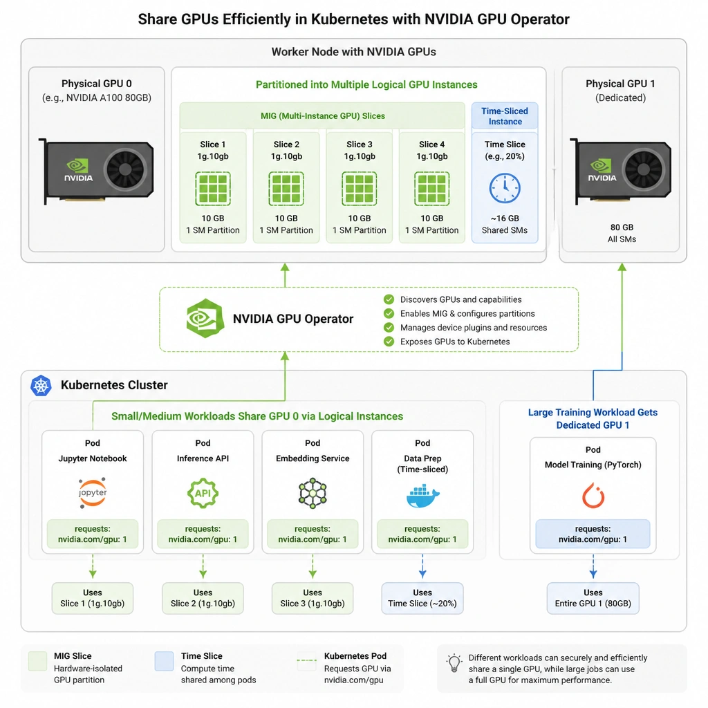 A conceptual diagram showing a single physical GPU partitioned into multiple logical instances (such as MIG slices or time-sliced blocks) managed by the NVIDIA GPU Operator in a Kubernetes cluster, allowing small pods (e.g., Jupyter notebook, inference API) to share the GPU, while a large training pod uses an entire dedicated GPU.