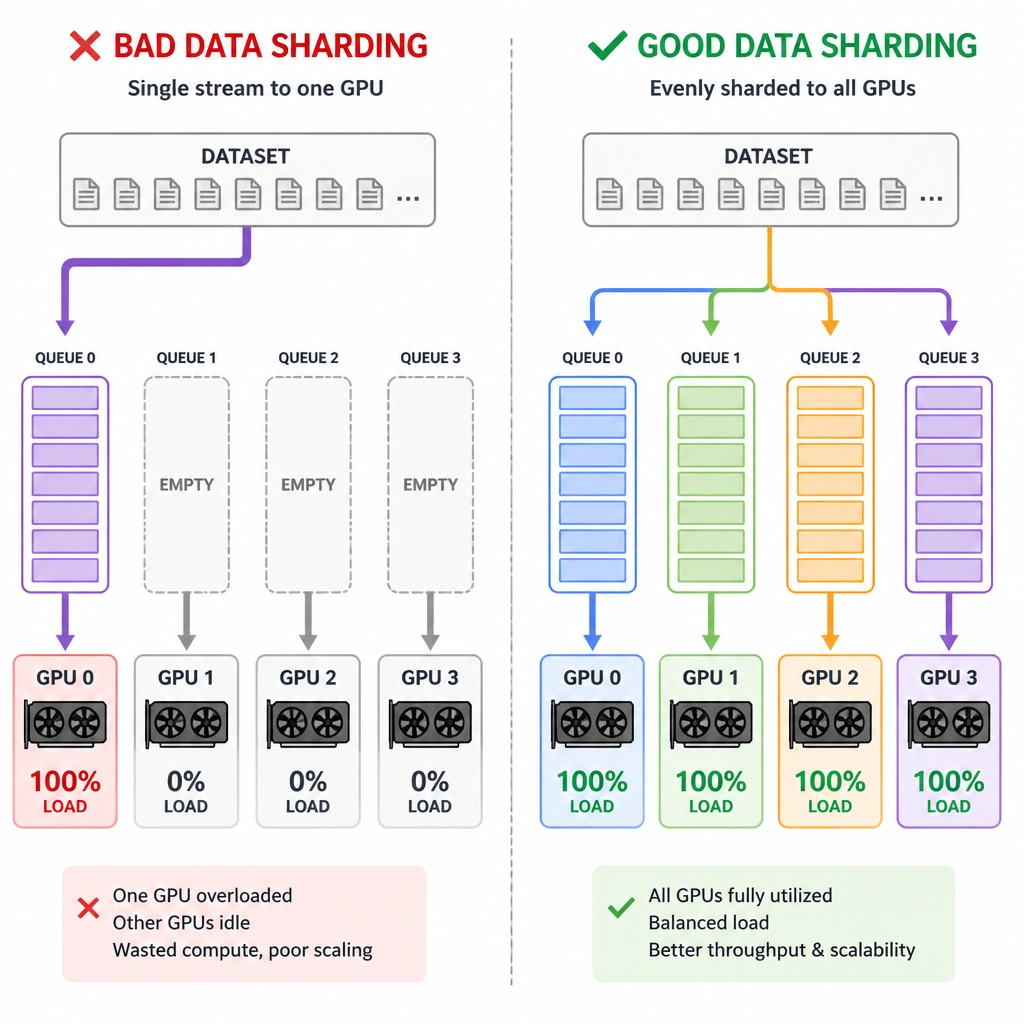 A visual illustrating the difference between bad and good data sharding in distributed GPU training. On the bad side, show a single dataset stream feeding entirely into one GPU (GPU 0 at 100% load), leaving GPUs 1-3 idle with empty queues. On the good side, show the dataset evenly split into four parallel shards, distributed simultaneously to all four GPUs, resulting in balanced 100% load across all units.