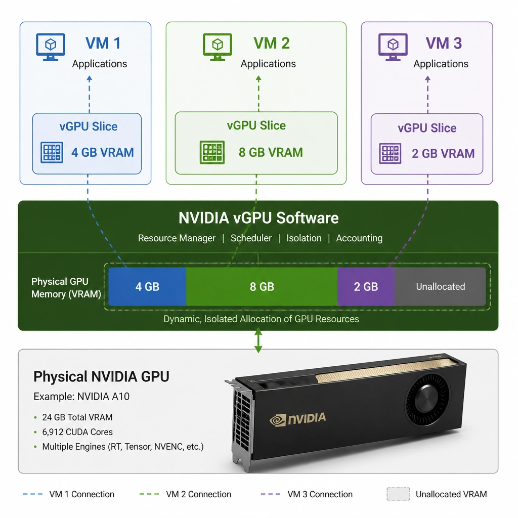 A schematic diagram showing a physical NVIDIA GPU at the base, with an NVIDIA vGPU software layer on top. Above this layer, show three virtual machines (VMs) accessing different sized virtual GPU slices (e.g., VM 1 with 4GB VRAM, VM 2 with 8GB VRAM, VM 3 with 2GB VRAM), demonstrating dynamic, isolated allocation of a single physical GPU.