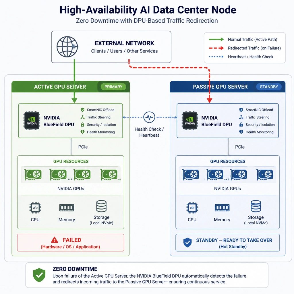 An architecture diagram of a high-availability AI data center node. Show an Active GPU Server and a Passive GPU Server, both connected to an external network through NVIDIA BlueField DPUs. Show an arrow representing incoming traffic being redirected by the DPU from the failed Active server to the Passive server, ensuring zero downtime.