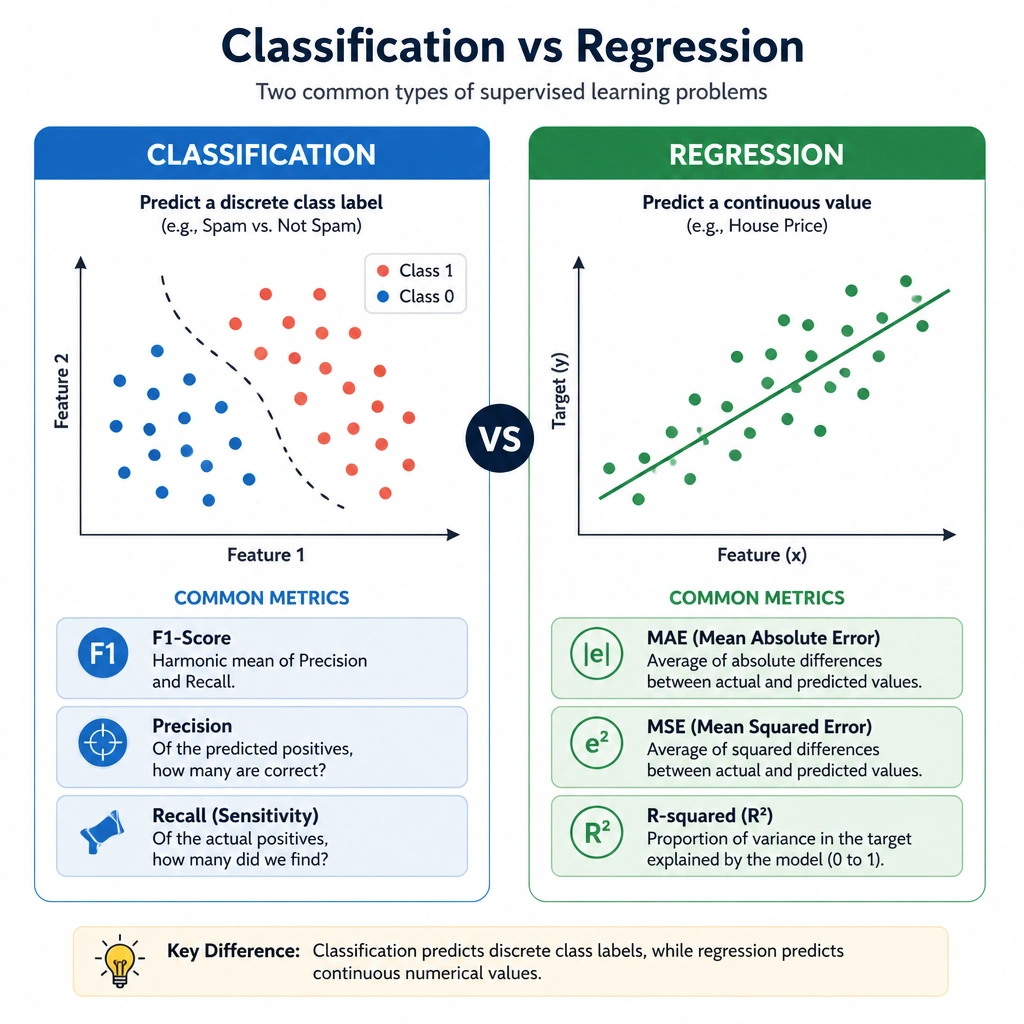 A scatter plot diagram comparing actual property values on the X-axis against predicted values on the Y-axis. A diagonal reference line represents perfect predictions. Dotted vertical lines show the distance (error) from each point to the diagonal line, representing the Mean Absolute Error (MAE), and an R-squared value is displayed in the corner showing the goodness-of-fit.
