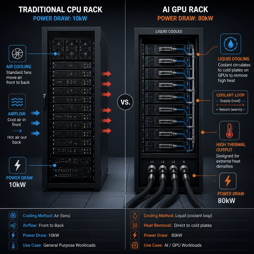 A comparison diagram of two data center racks. The left rack represents a 'Traditional CPU Rack' drawing 10kW, with standard air cooling fans. The right rack represents an 'AI GPU Rack' drawing 80kW, showing thick power cables feeding the rack and a liquid-cooling loop with coolant tubes circulating to the servers to handle high thermal output.