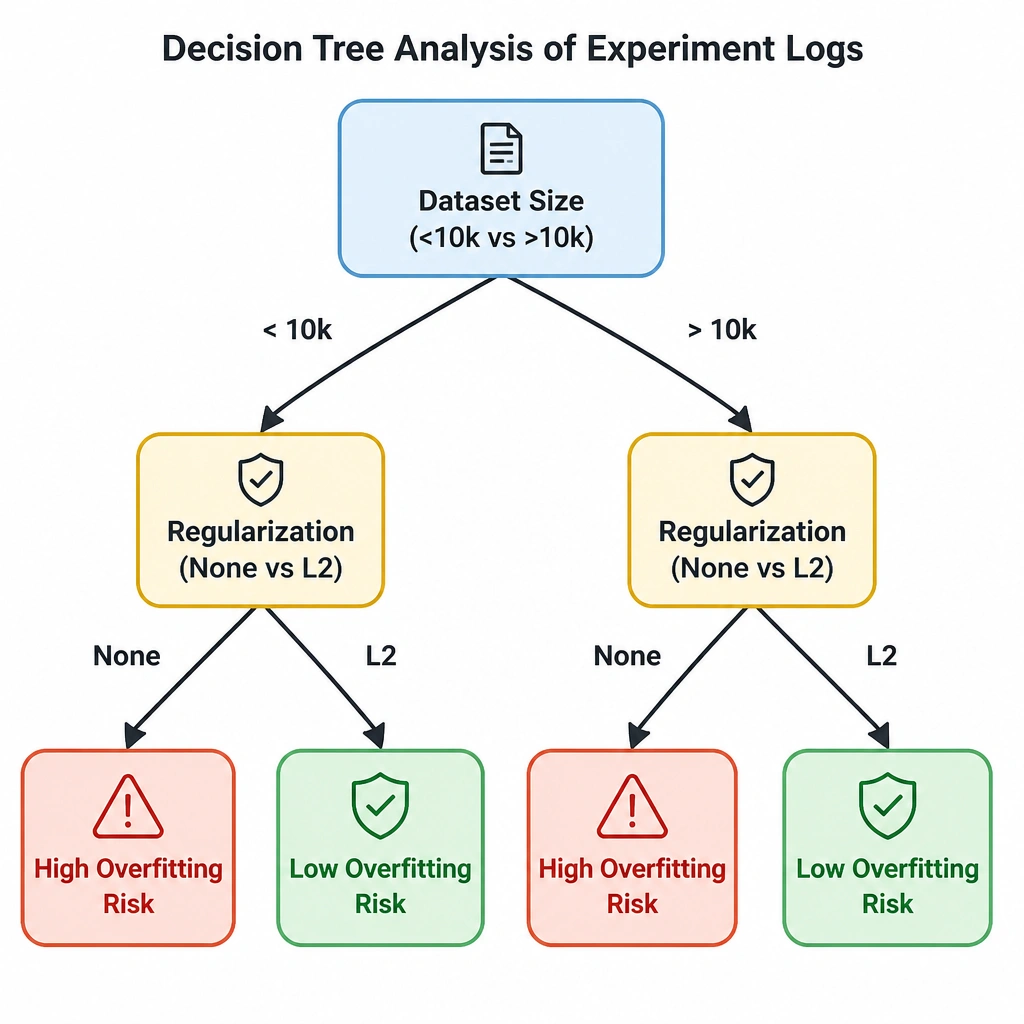 A visual flowchart representing a decision tree analysis of experiment logs. The root node splits on 'Dataset Size (<10k vs >10k)', leading to child nodes that split on 'Regularization (None vs L2)', and finally showing terminal leaf nodes colored red for 'High Overfitting Risk' or green for 'Low Overfitting Risk' based on these hyperparameter combinations.