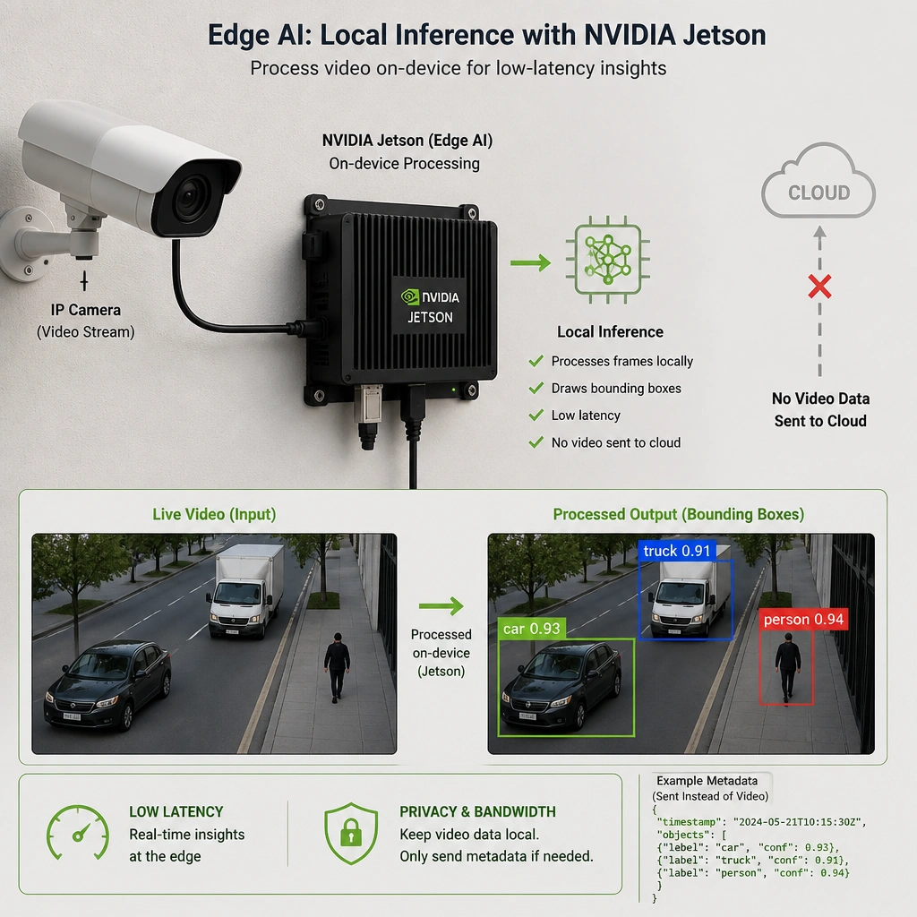 A conceptual diagram showing an edge AI setup. A security camera is wired directly to a small, compact NVIDIA Jetson module mounted on a wall. The Jetson module is processing the video frames locally to draw bounding boxes around objects, demonstrating local low-latency inference without sending video data to the cloud.