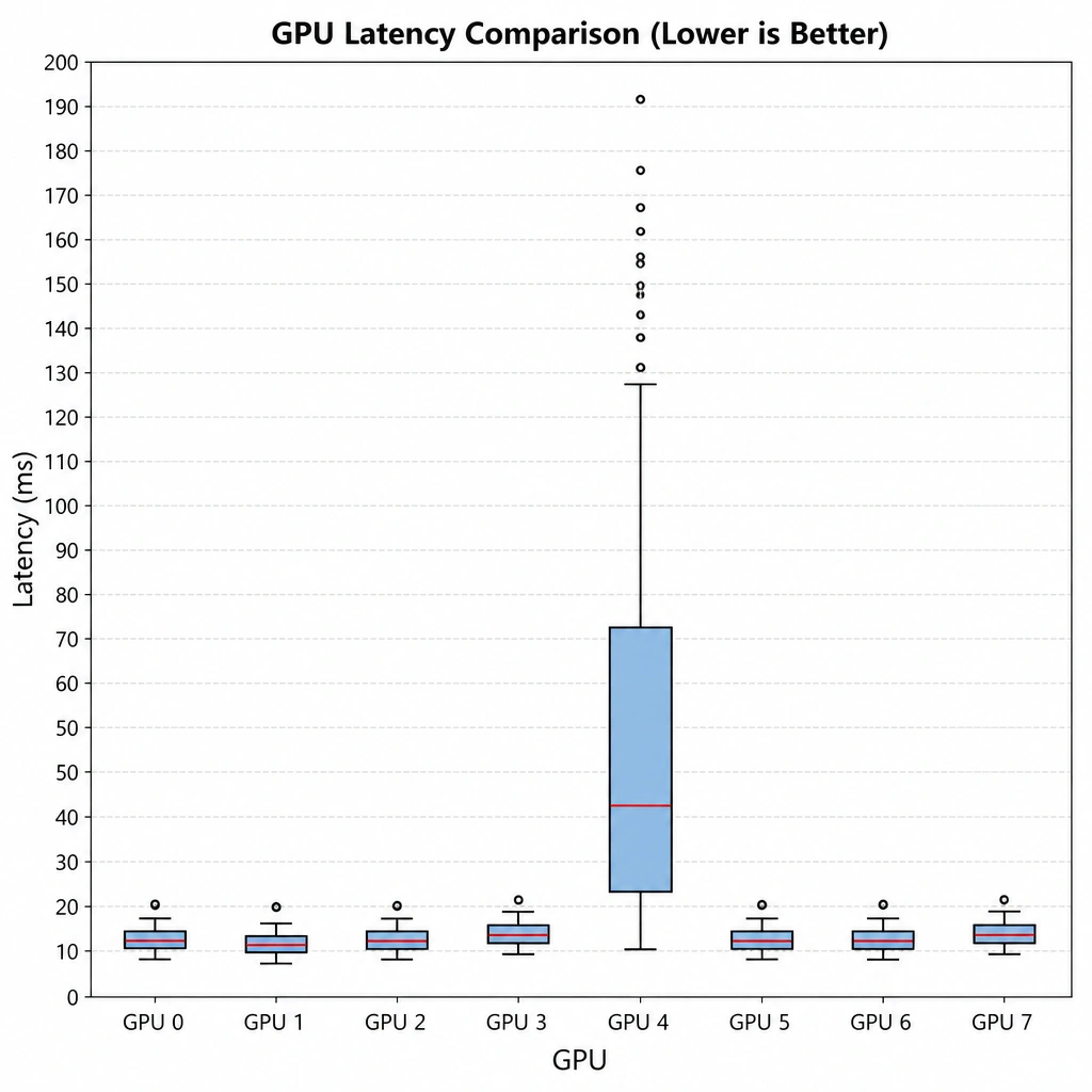 A side-by-side box plot comparison of eight GPUs (labeled GPU 0 through GPU 7). The y-axis represents latency in milliseconds. GPU 4 shows a highly stretched box and several outlier dots far above the upper whisker, indicating high variance and performance anomalies compared to the tight boxes of the other GPUs.