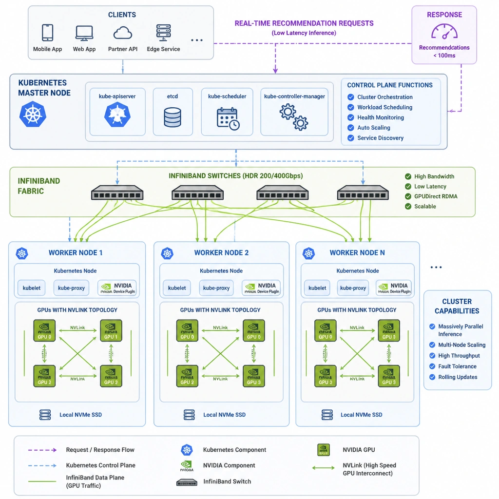 A system architecture diagram displaying a Kubernetes Master Node orchestrating worker nodes. Each worker node contains multiple GPUs interconnected by NVLink bridges, connected to other nodes via an InfiniBand switch network, handling incoming client recommendation requests in real time.