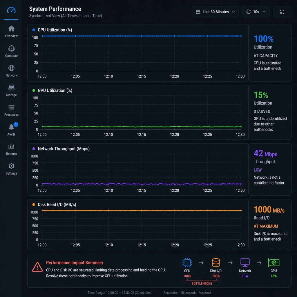 A dashboard visualization showing four synchronized line graphs over time: CPU Utilization at 100% (saturated), GPU Utilization at 15% (starved), Network Throughput at low levels, and Disk Read I/O at maximum capacity, demonstrating how non-GPU bottlenecks affect GPU performance.