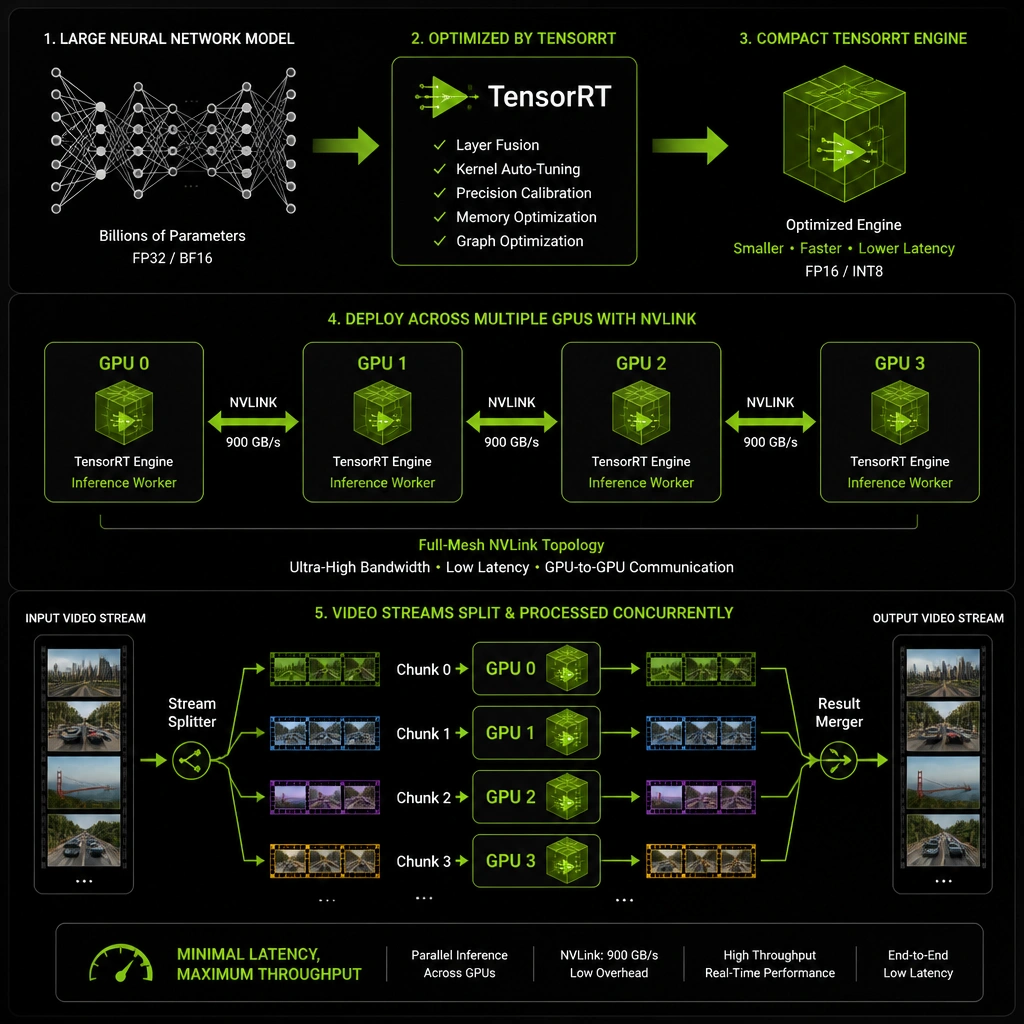 A schematic illustrating a large neural network model being optimized by TensorRT into a compact engine, which is then deployed across multiple GPUs connected directly by high-bandwidth NVLink bridges, showing how video streams are split and processed concurrently with minimal latency.