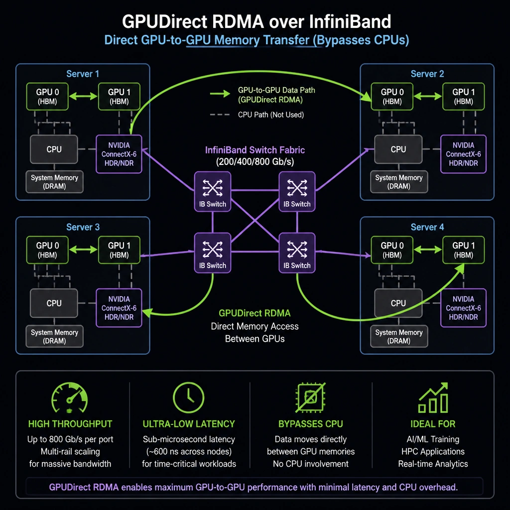 A network diagram showing multiple GPU servers connected via GPUDirect RDMA over an InfiniBand switch network, demonstrating direct GPU-to-GPU memory transfer bypassing the CPUs, highlighting high throughput and sub-microsecond latency.