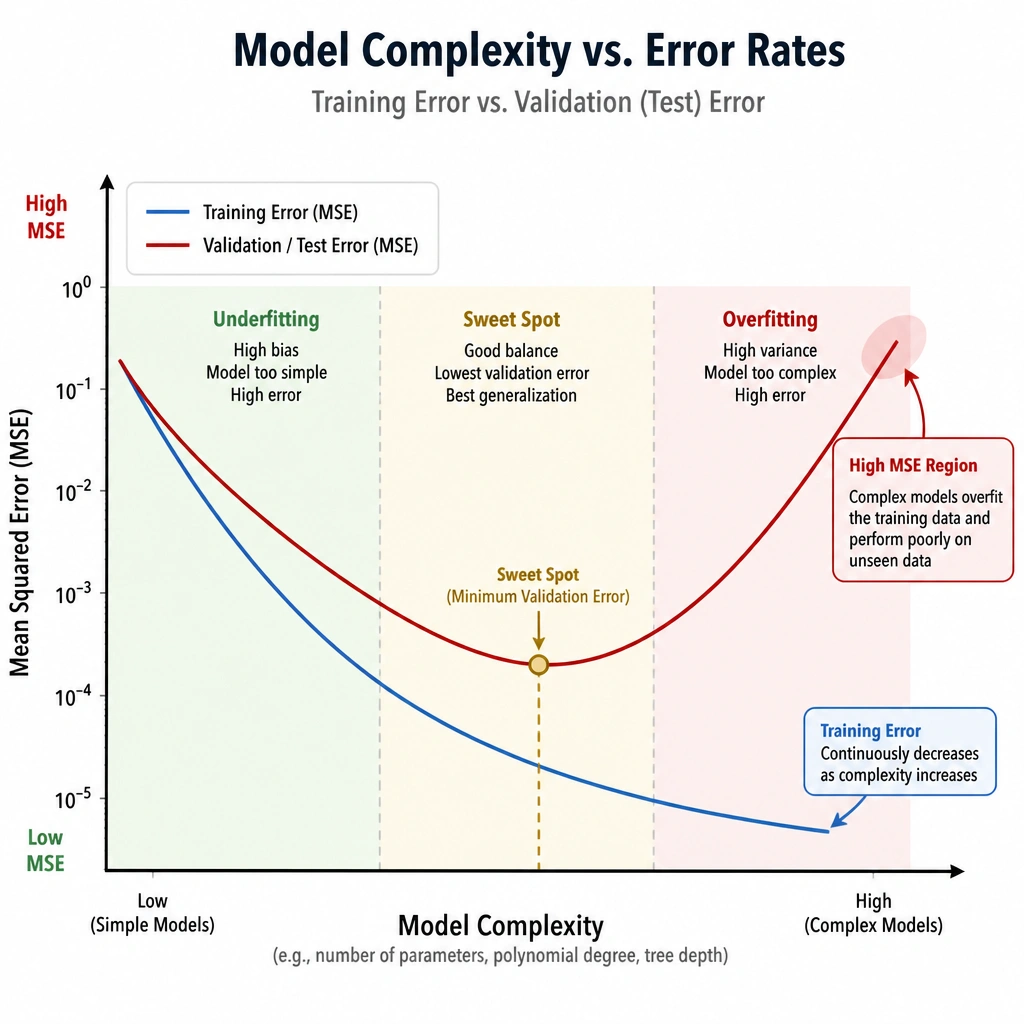 A comparison chart of model complexity versus error rates (training error vs. validation/testing error). It should show training error continuously decreasing as complexity increases, while validation/testing error decreases to a point (sweet spot) and then sharply increases as the model starts to overfit, highlighting the high MSE region for complex models.