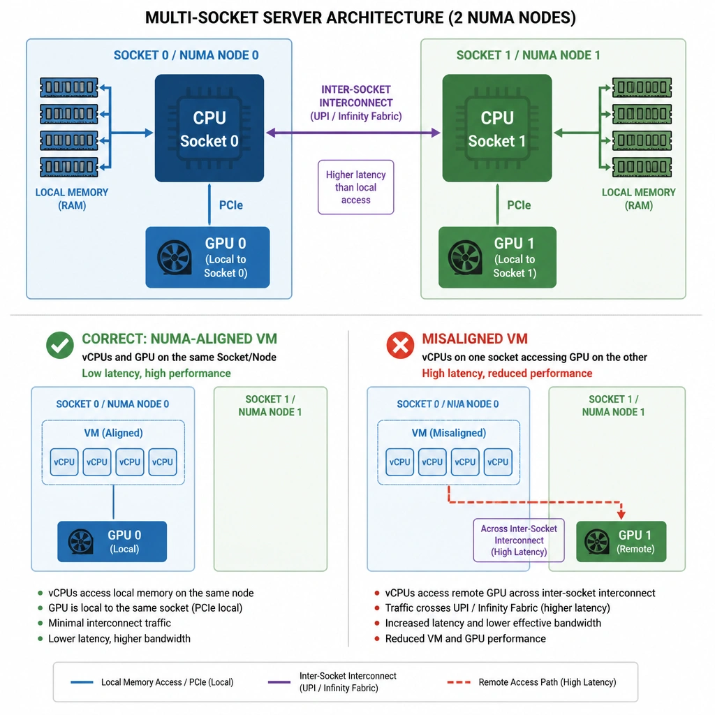 A diagram showing a multi-socket server architecture with two NUMA nodes (Socket 0 and Socket 1). Each socket has its own local memory (RAM) and a connected GPU via PCIe. The diagram should illustrate the contrast between a correct NUMA-aligned VM (vCPUs and GPU on the same Socket/Node) and a misaligned VM (vCPUs on one socket accessing a GPU on the other socket via the inter-socket interconnect, causing high latency).