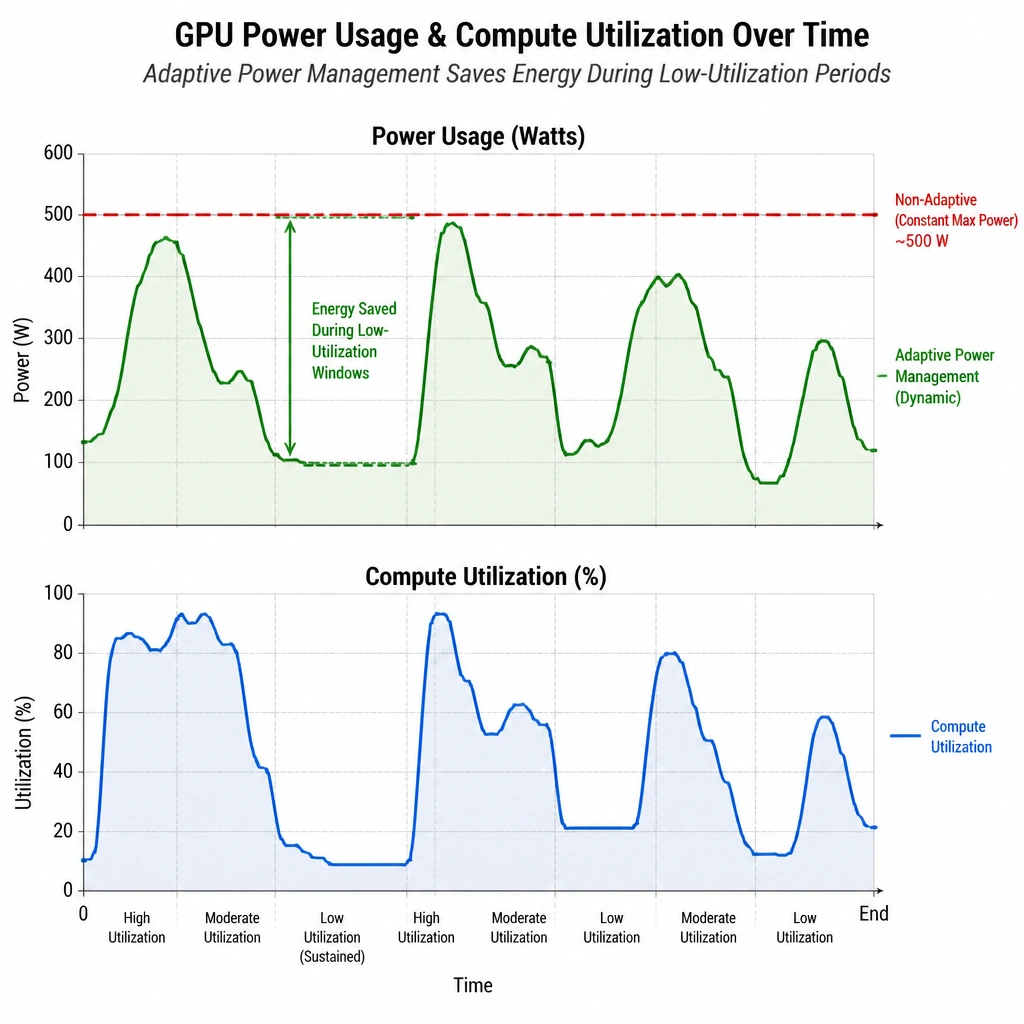 A conceptual graph comparing GPU power usage (Watts) and compute utilization over time. It should show two curves: one with constant maximum power draw (non-adaptive) and one with adaptive power management where the power curve dynamically mirrors the spikes and troughs of the compute utilization curve, highlighting the energy saved during low-utilization windows.