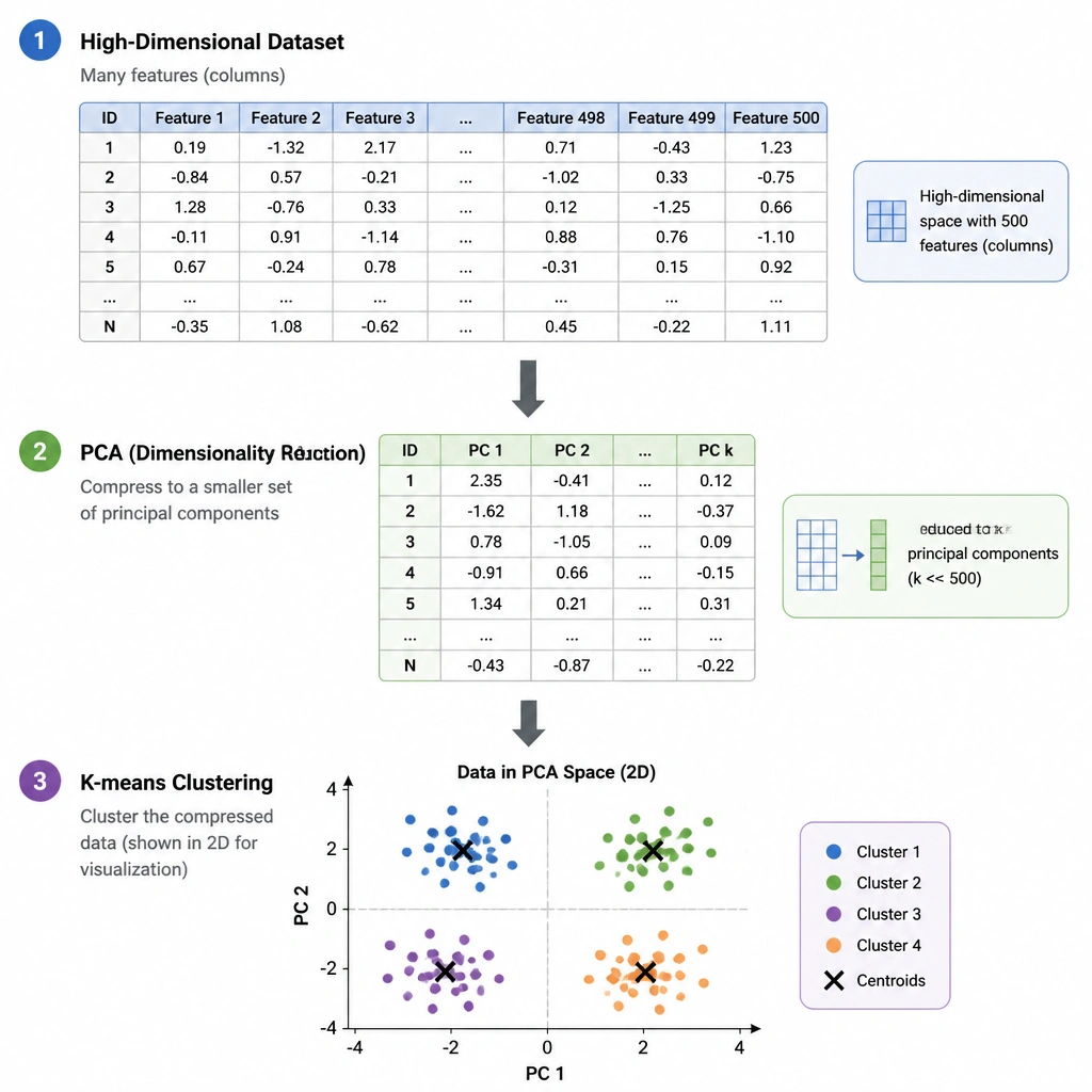 A multi-step diagram showing a high-dimensional dataset (a large table with many columns) passing through a PCA step (which compresses the columns into a smaller set of principal components), followed by a K-means clustering step that groups the compressed data points into distinct, color-coded clusters on a 2D or 3D scatter plot.