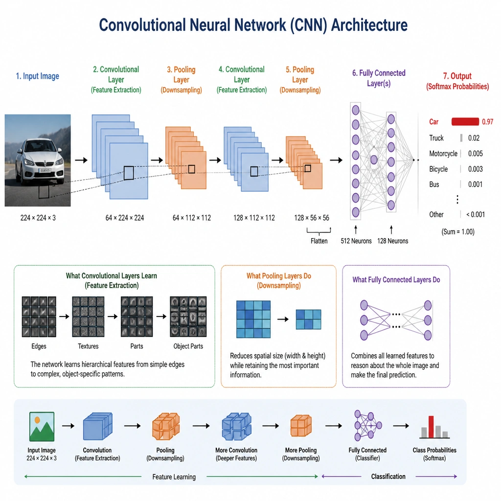 A diagram illustrating the architecture of a Convolutional Neural Network (CNN). An input image of an object passes through multiple layers: convolutional layers (extracting features like edges), pooling layers (downsampling), fully connected layers, and finally outputting class probabilities with high confidence for the correct class.