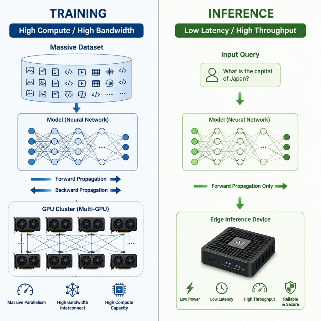 A split diagram comparing training and inference. The training side shows a massive dataset, double-headed arrows indicating forward and backward propagation, and a cluster of multiple interconnected GPUs under a 'High Compute / High Bandwidth' banner. The inference side shows a single input query, a forward-only arrow through the model, and a single low-power edge chip or server under a 'Low Latency / High Throughput' banner.