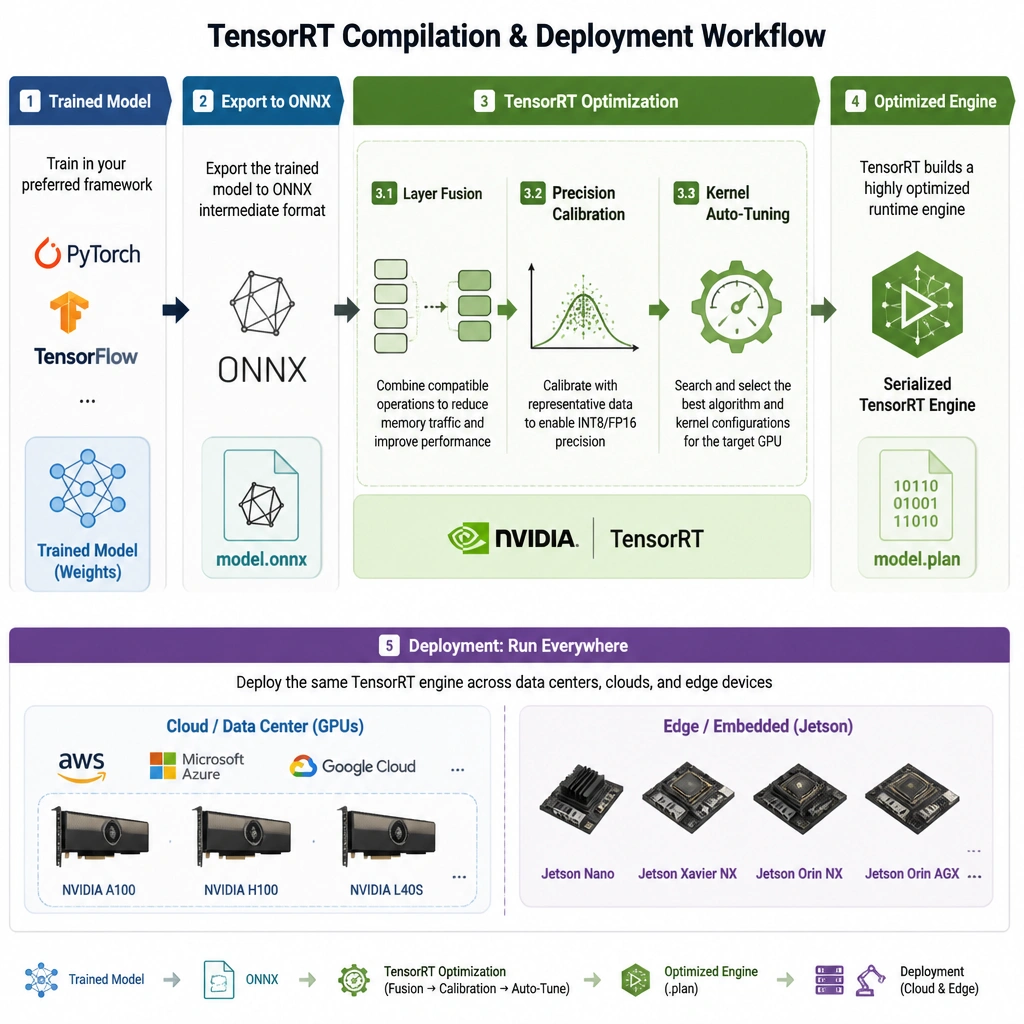 A workflow diagram illustrating the compilation process of a trained model (from frameworks like PyTorch/TensorFlow via ONNX) passing through TensorRT optimization steps (layer fusion, precision calibration, kernel auto-tuning) to produce an optimized runtime engine deployed across cloud GPUs and Jetson edge devices.