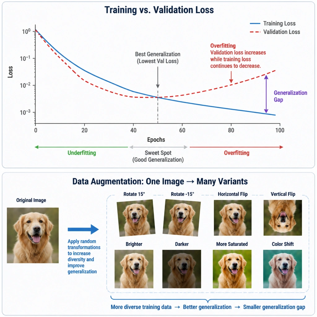 A conceptual graph displaying training loss continuing to decrease while validation loss begins to rise (indicating overfitting), accompanied by a visual representation of data augmentation showing a single input image transformed into multiple variants (rotated, flipped, color-shifted) to bridge the generalization gap.
