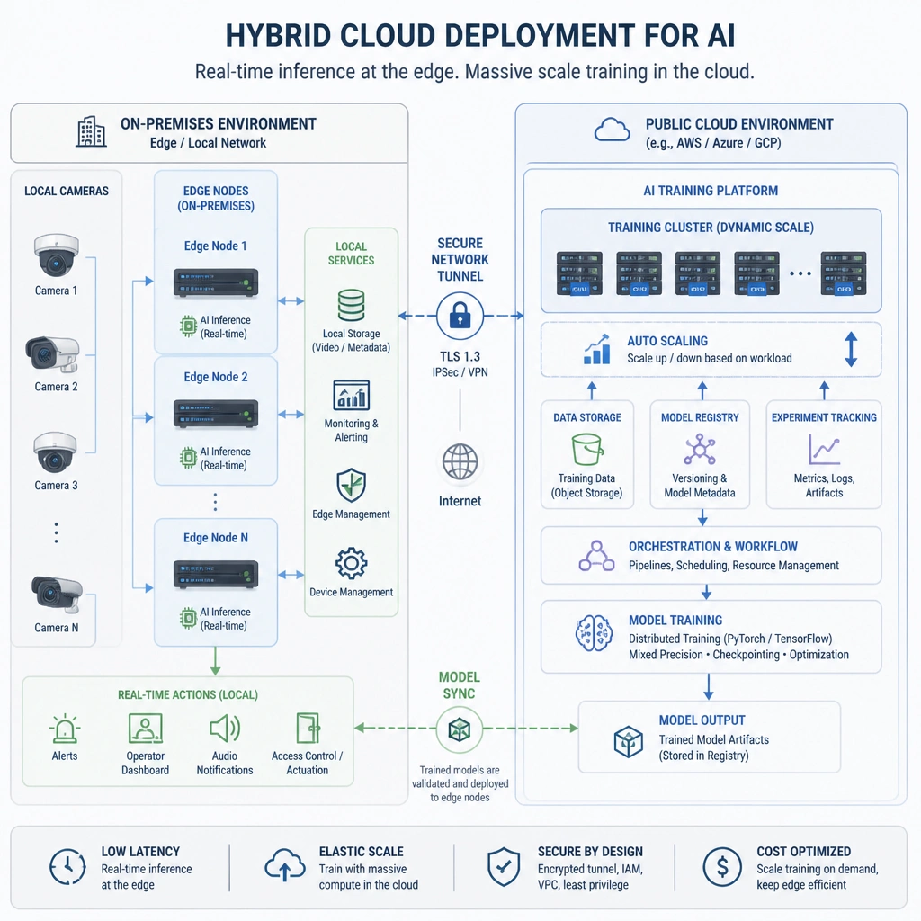 An architectural diagram illustrating a hybrid cloud deployment for AI, showing local cameras feeding into on-premises edge nodes for real-time inference, connected via a secure network tunnel to a public cloud environment where massive training clusters scale up dynamically for model training.