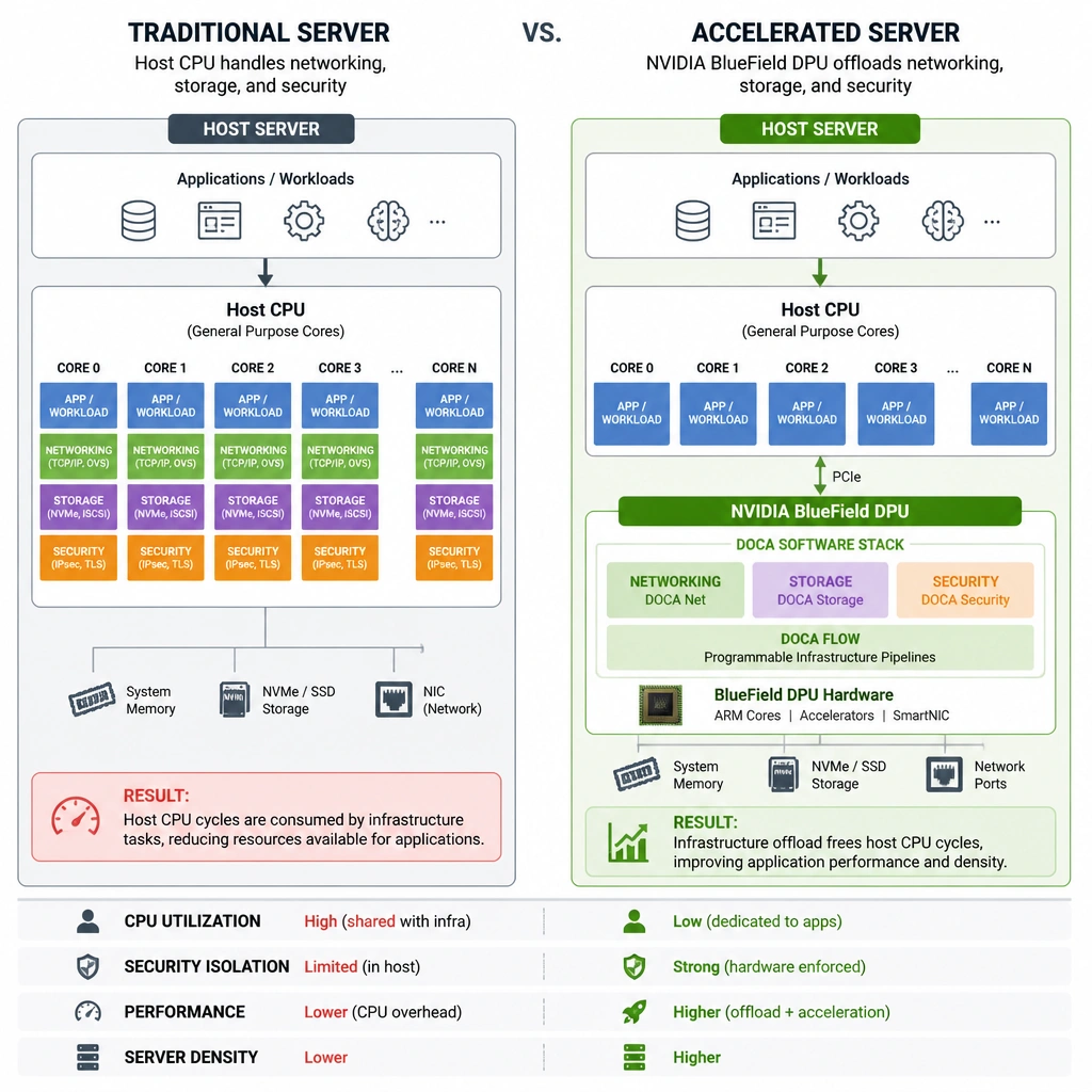 A comparison diagram showing a traditional server where networking tasks consume host CPU cores, versus an accelerated server where an NVIDIA BlueField DPU offloads the networking, storage, and security layers, managed by the DOCA software stack.