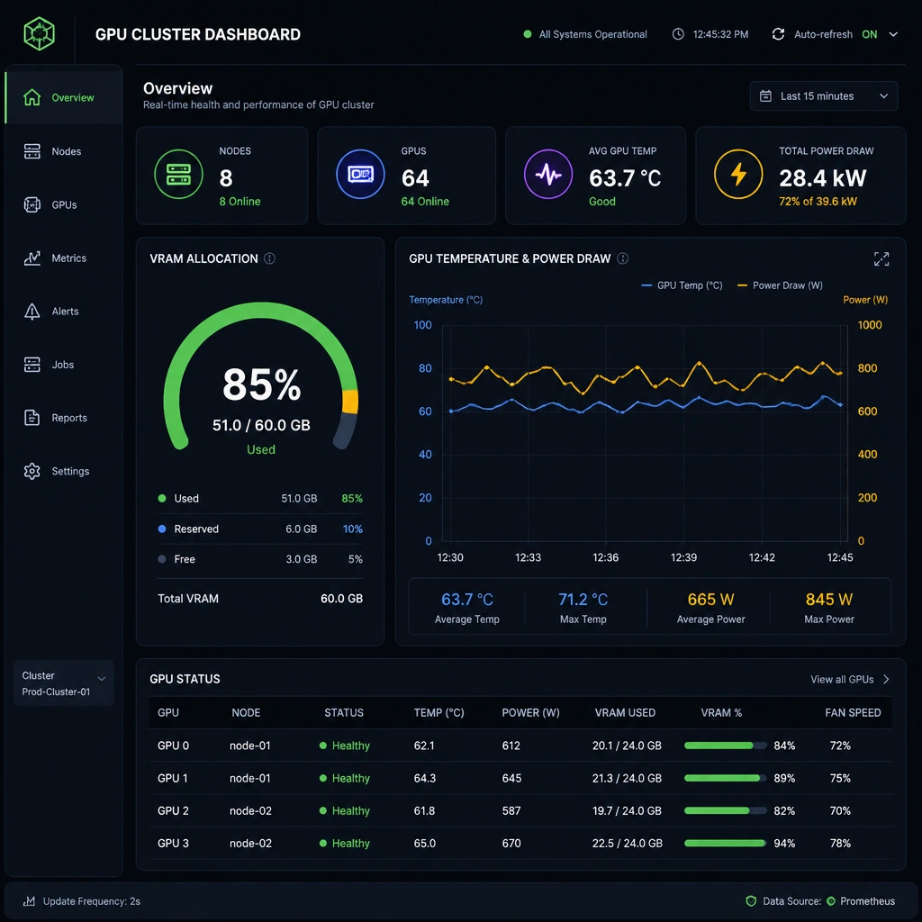 A visual dashboard UI layout showing real-time graphs for GPU cluster health, highlighting a VRAM allocation gauge showing 85% utilization and a dual-axis line graph tracking GPU core temperature in Celsius alongside power draw in Watts.