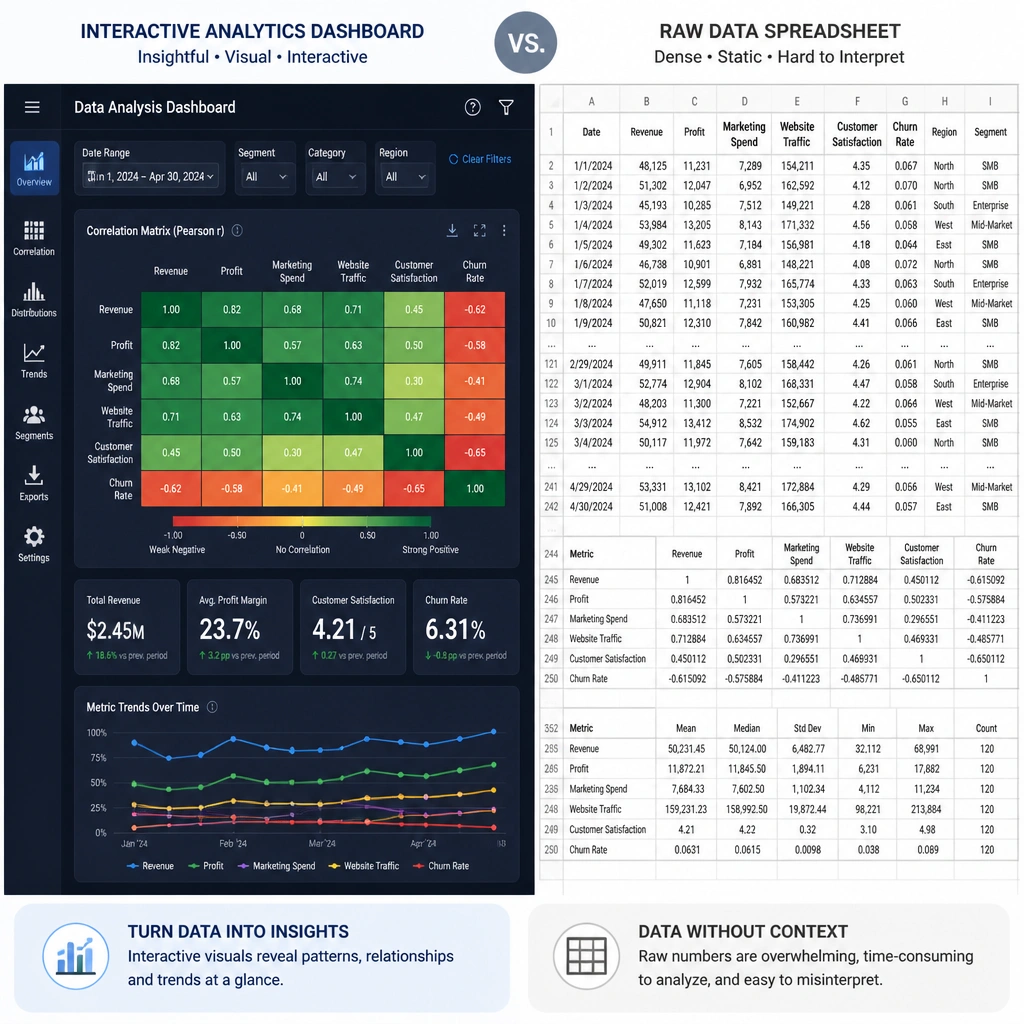 A comparative diagram showing a complex data analysis output, featuring an interactive dashboard interface with filters and a color-coded correlation matrix heatmap, contrasted with a dense spreadsheet of raw numbers.