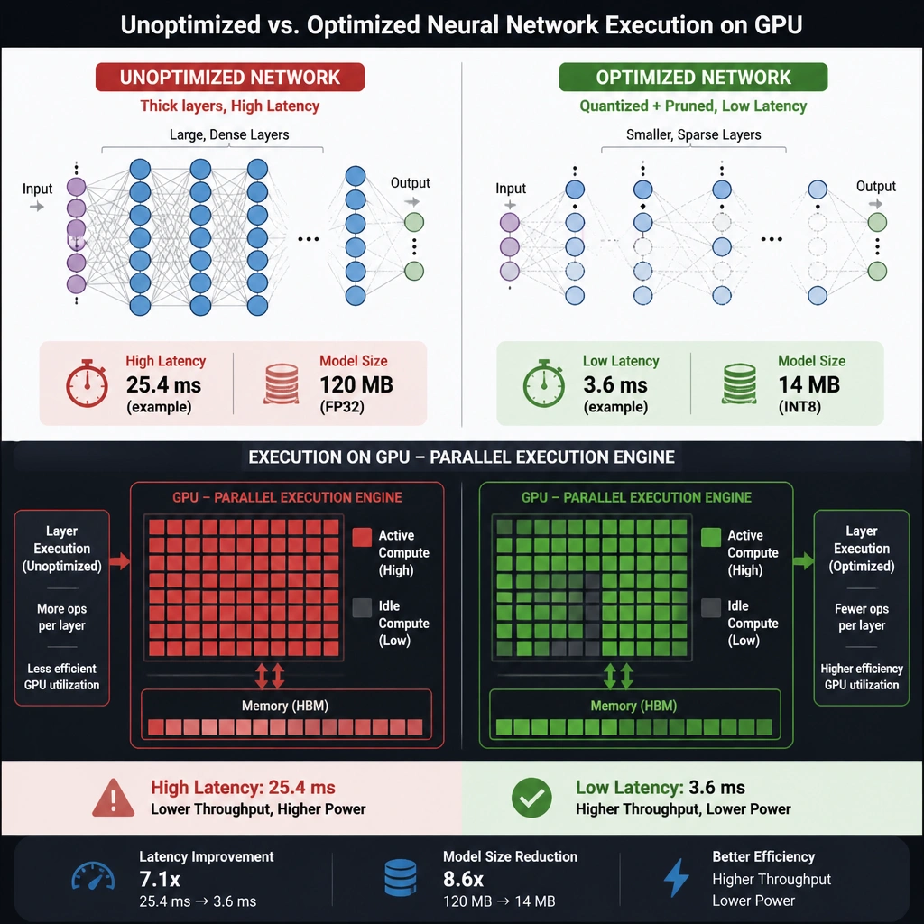 A comparison diagram showing an unoptimized neural network (thick layers, high latency) versus an optimized network (quantized/pruned, low latency) executing on a GPU's parallel execution engine.