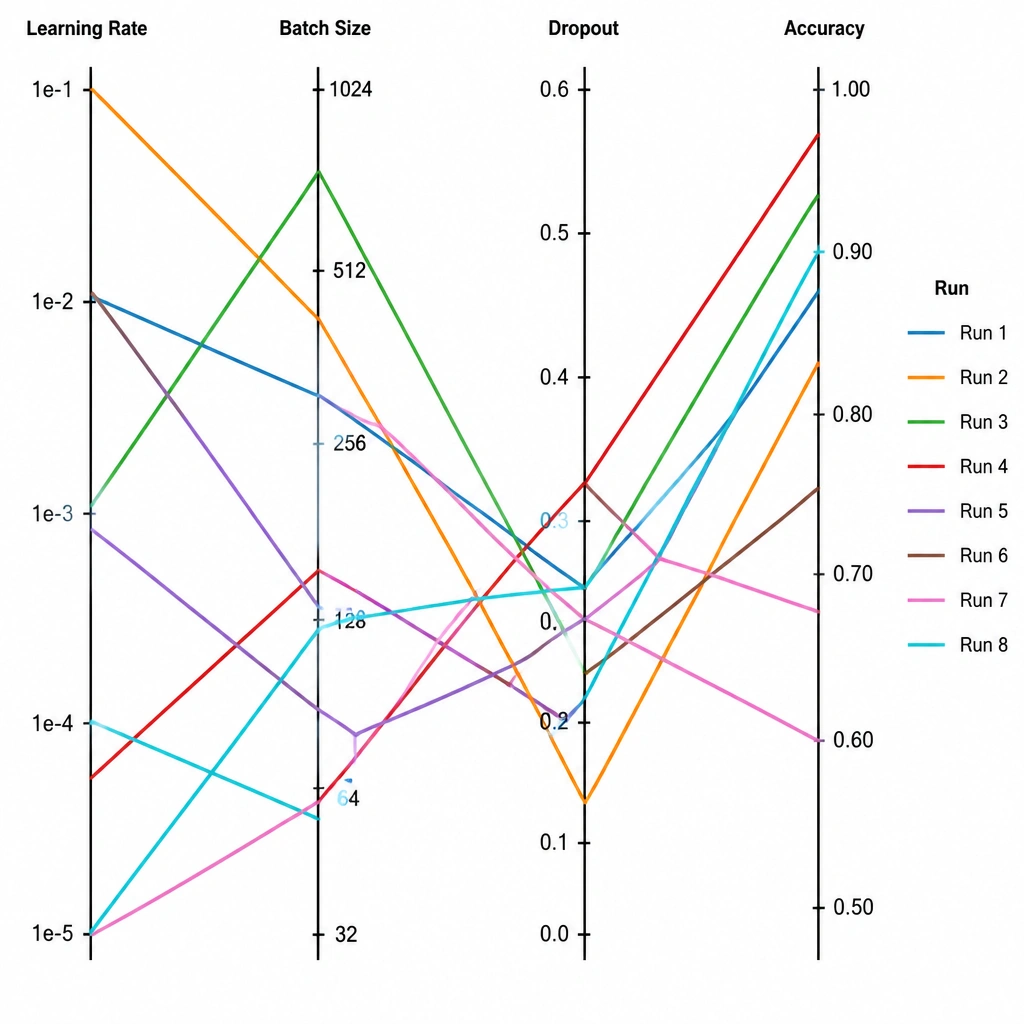 A parallel coordinates plot showing vertical axes for Learning Rate, Batch Size, Dropout, and Accuracy, with colored lines representing different hyperparameter tuning runs connecting the axes.