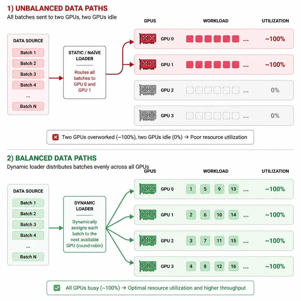 A workload distribution diagram comparing unbalanced data paths (sending all batches to two GPUs, leaving two idle) with balanced data paths (dynamic loader distributing batches evenly across all four GPUs).
