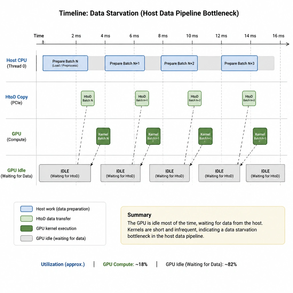 A timeline profiling graph showing a sequence where a GPU is idle (waiting for host CPU data transfer), followed by a brief GPU execution block, illustrating a data starvation bottleneck in the host data pipeline.