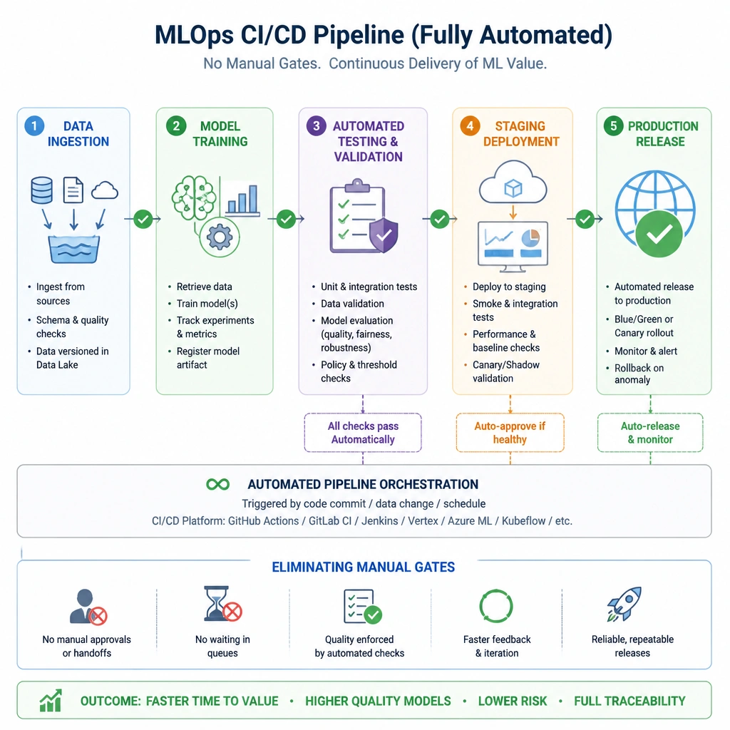A pipeline flowchart illustrating the automated steps of an MLOps CI/CD pipeline, showing data ingestion, model training, automated testing/validation, staging deployment, and production release, highlighting the elimination of manual gates.