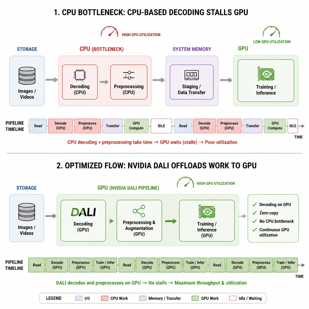 A block diagram showing a CPU bottleneck where CPU-based decoding stalls data flow to the GPU, contrasted with an optimized flow using NVIDIA DALI to offload decoding and preprocessing directly to the GPU for continuous utilization.