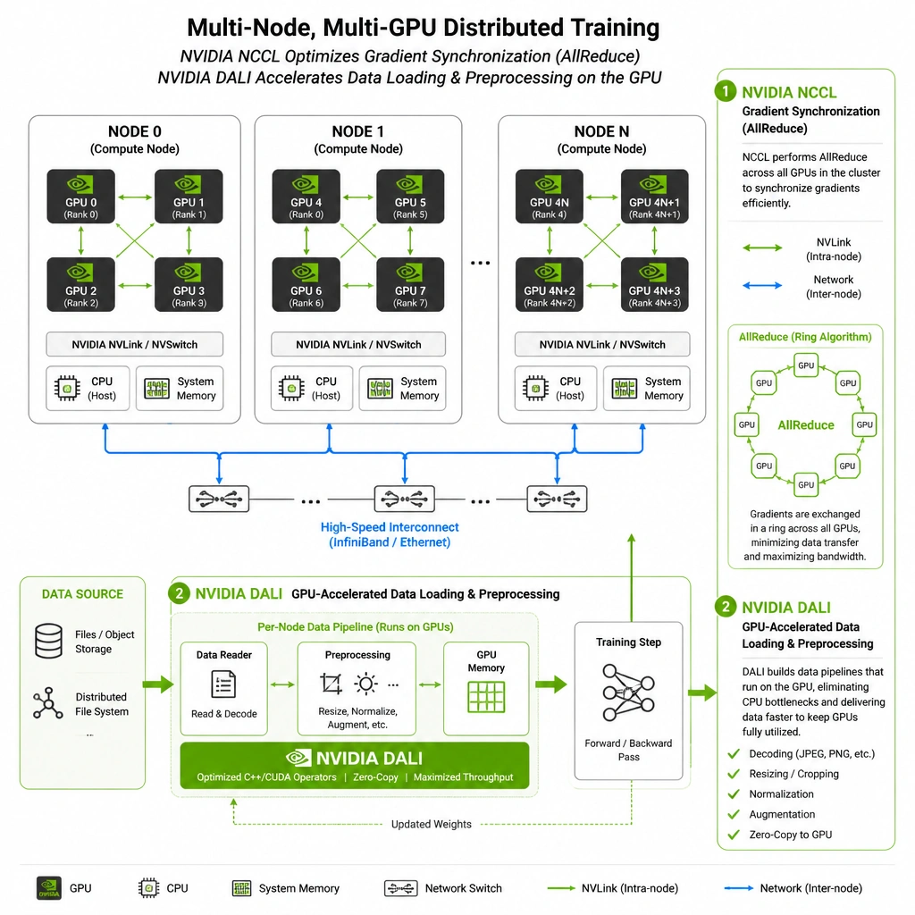 A diagram of a multi-node, multi-GPU cluster demonstrating distributed training. It highlights NVIDIA NCCL optimizing gradient sync (AllReduce) between GPUs, and NVIDIA DALI accelerating data loading/preprocessing pipelines directly on the GPU.
